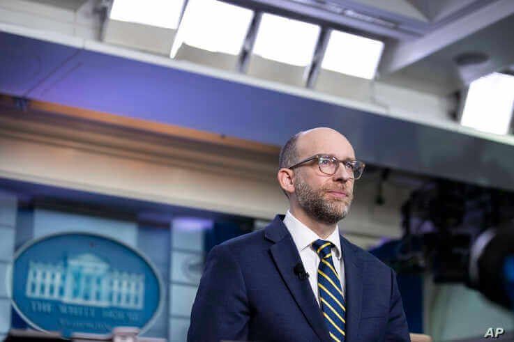 Office of Management and Budget Acting Director Russell Vought pauses as he speaks during a television interview at the White House, Feb.10, 2020, in Washington. 