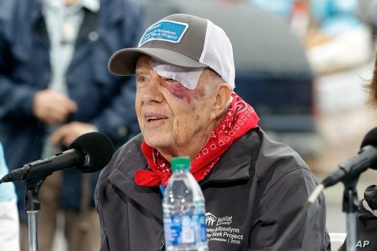 Former President Jimmy Carter answers questions during a news conference at a Habitat for Humanity project Monday, Oct. 7, 2019…