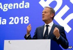 European Council President Donald Tusk speaks during a media conference at the conclusion of an EU and Western Balkan heads of state summit at the National Palace of Culture in Sofia, Bulgaria, May 17, 2018.