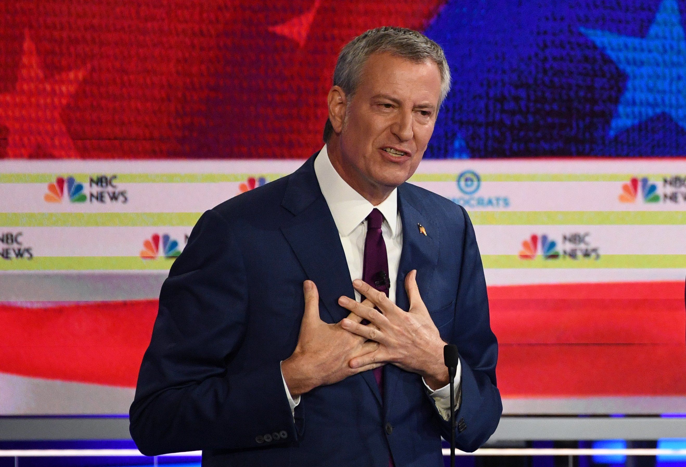  Democratic presidential hopeful Mayor of New York City Bill de Blasio participates in the first Democratic primary debate of the 2020 presidential campaign at the Adrienne Arsht Center for the Performing Arts in Miami, June 26, 2019. 