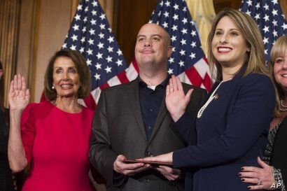 House Speaker Nancy Pelosi of Calif., right, poses during a ceremonial swearing-in with Rep. Katie Hill, D-Calif., on Capitol…
