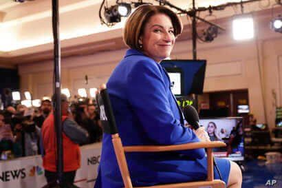 Democratic presidential candidate, Sen. Amy Klobuchar, D-Minn., waits to do an interview in the spin room after a Democratic…