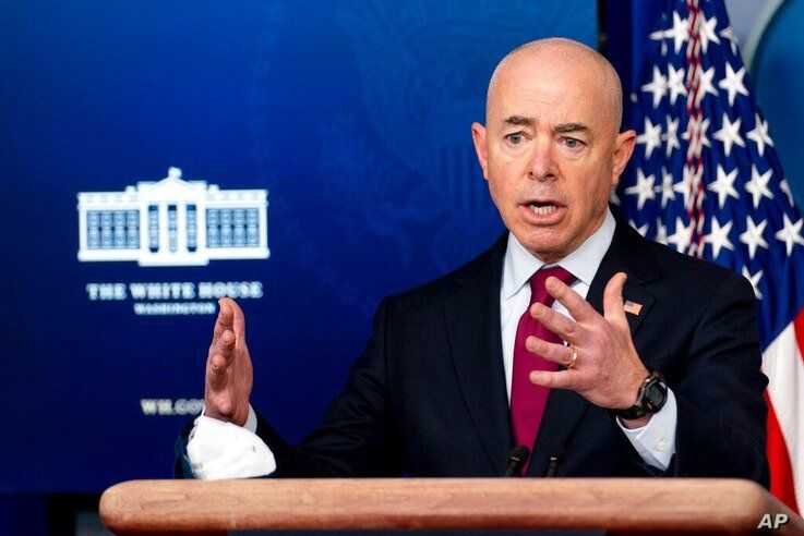Homeland Security Secretary Alejandro Mayorkas speaks during a press briefing at the White House, Monday, March 1, 2021, in…