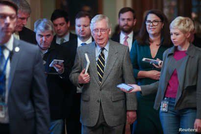 Senate Majority Leader Mitch McConnell (R-KY) speaks to reporters in the U.S. Capitol in Washington, Jan. 3, 2020.