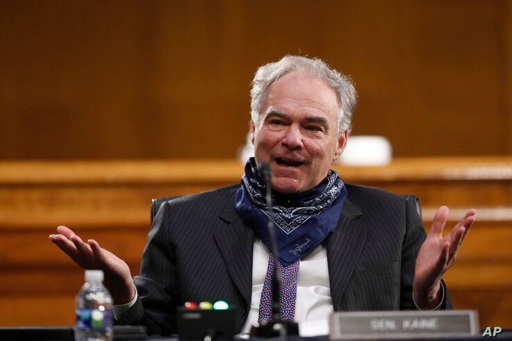 Sen. Tim Kaine, D-Va., speaks during a Senate Health Education Labor and Pensions Committee hearing on new coronavirus tests on…