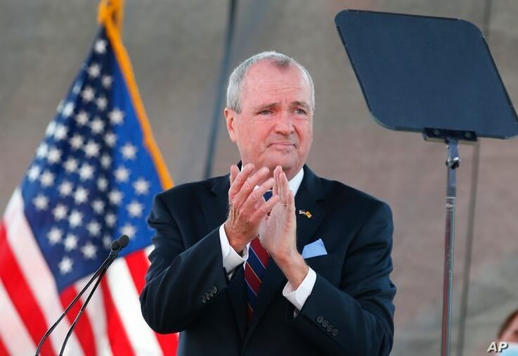 FILE- In this Aug. 25, 2020 file photo, New Jersey Gov. Phil Murphy speaks during his 2021 budget address at SHI Stadium at…