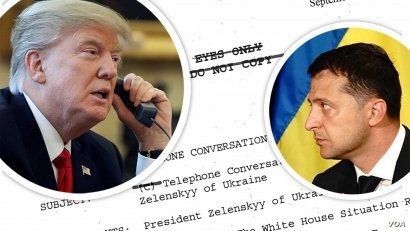 Photo illustration with photos of Presidents Trump and Zelensky superimposed over the transcript of their July 25 phone call.