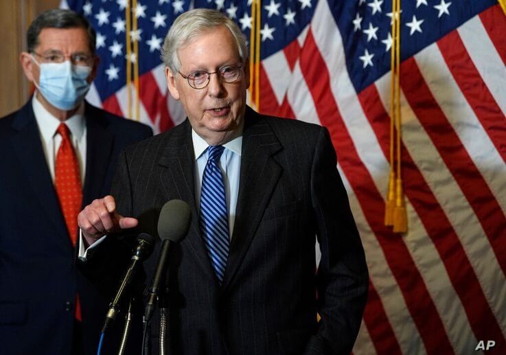 Senate Majority Leader Mitch McConnell of Ky., speaks during a news conference with other Senate Republicans on Capitol Hill in…