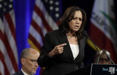 Democratic presidential candidate Sen. Kamala Harris, D-Calif., gestures while speaking at the Democratic National Committee's summer meeting Friday, Aug. 23, 2019, in San Francisco. More than a dozen Democratic presidential hopefuls are making…