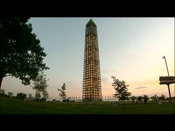 Washington Monument lit up during repairs