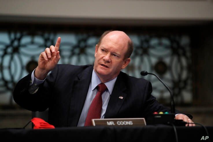 Sen. Chris Coons, D-Del., speaks during a Senate Judiciary Committee business meeting to consider authorization for subpoenas…