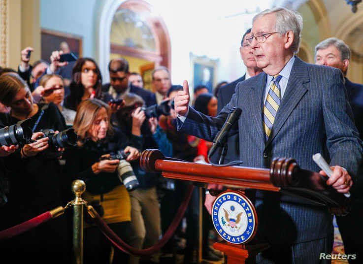 U.S. Senate Majority Leader Mitch McConnell (R-KY) speaks to Capitol Hill reporters following the weekly Senate Republican…