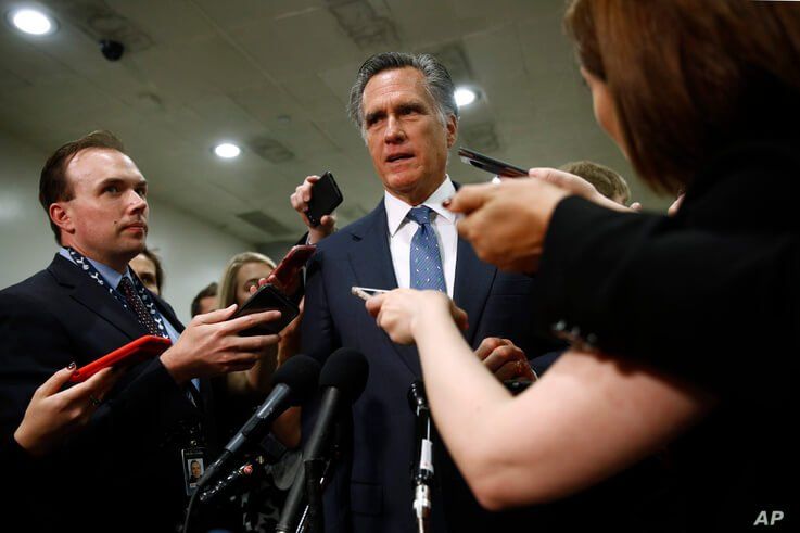 Sen. Mitt Romney, R-Utah, speaks to reporters after a classified members-only briefing on Iran, Tuesday, May 21, 2019, on Capitol Hill in Washington. (AP Photo/Patrick Semansky)