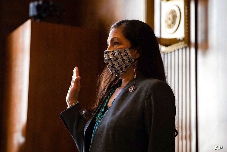 Rep. Deb Haaland, D-N.M., is sworn in during a Senate Committee on Energy and Natural Resources hearing on her nomination to be…