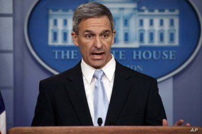 FILE - In this Aug. 12, 2019, file photo, acting director of U.S. Citizenship and Immigration Services Ken Cuccinelli speaks during a briefing at the White House in Washington. Cuccinelli is emerging as the public face of the president’s hard-line…