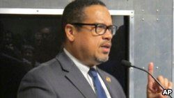 FILE - U.S. Rep. Keith Ellison, the Minnesota Democrat, speaks in Burlington, Vt., at a Democratic Party fundraiser.