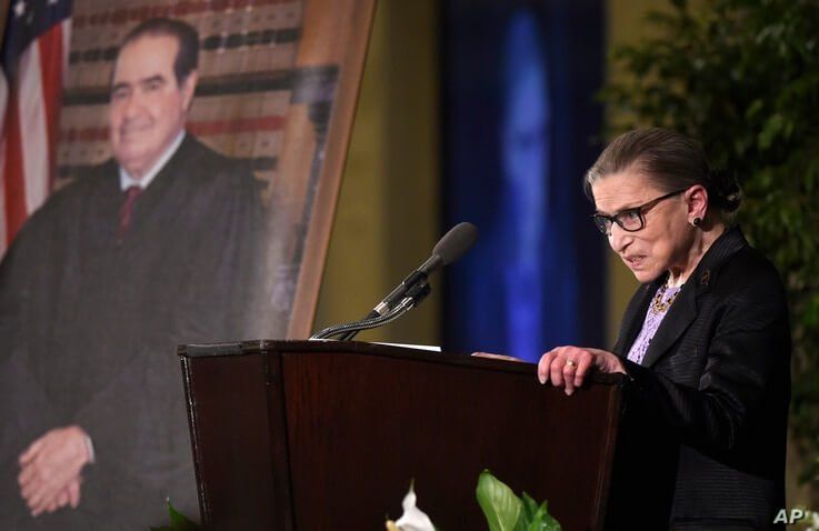 Supreme Court Justice Ruth Bader Ginsburg speaks at the memorial service for Supreme Court Justice Antonin Scalia, Tuesday,…