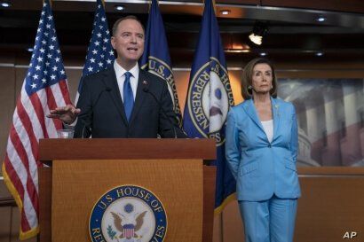 House Intelligence Committee Chairman Adam Schiff, D-Calif., speaks at a news conference with Speaker of the House Nancy Pelosi, D-Calif., at the Capitol in Washington, Oct. 2, 2019.