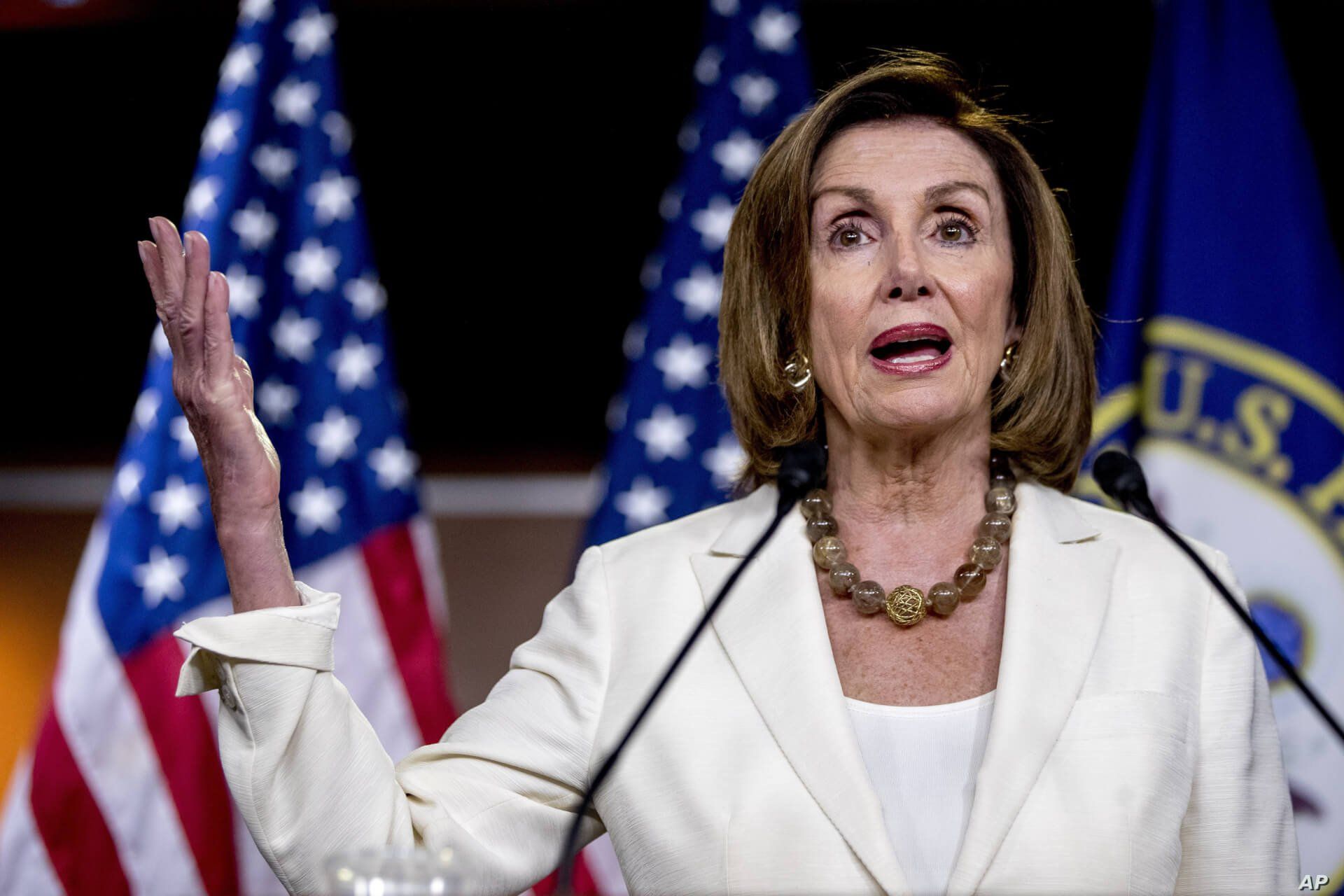 House Speaker Nancy Pelosi of Calif. meets with reporters on Capitol Hill in Washington, July 11, 2019. 