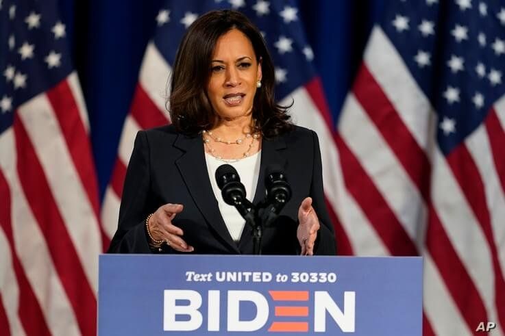 Democratic vice presidential candidate Sen. Kamala Harris, D-Calif., speaks in Washington, Thursday, Aug. 27, 2020. (AP Photo…