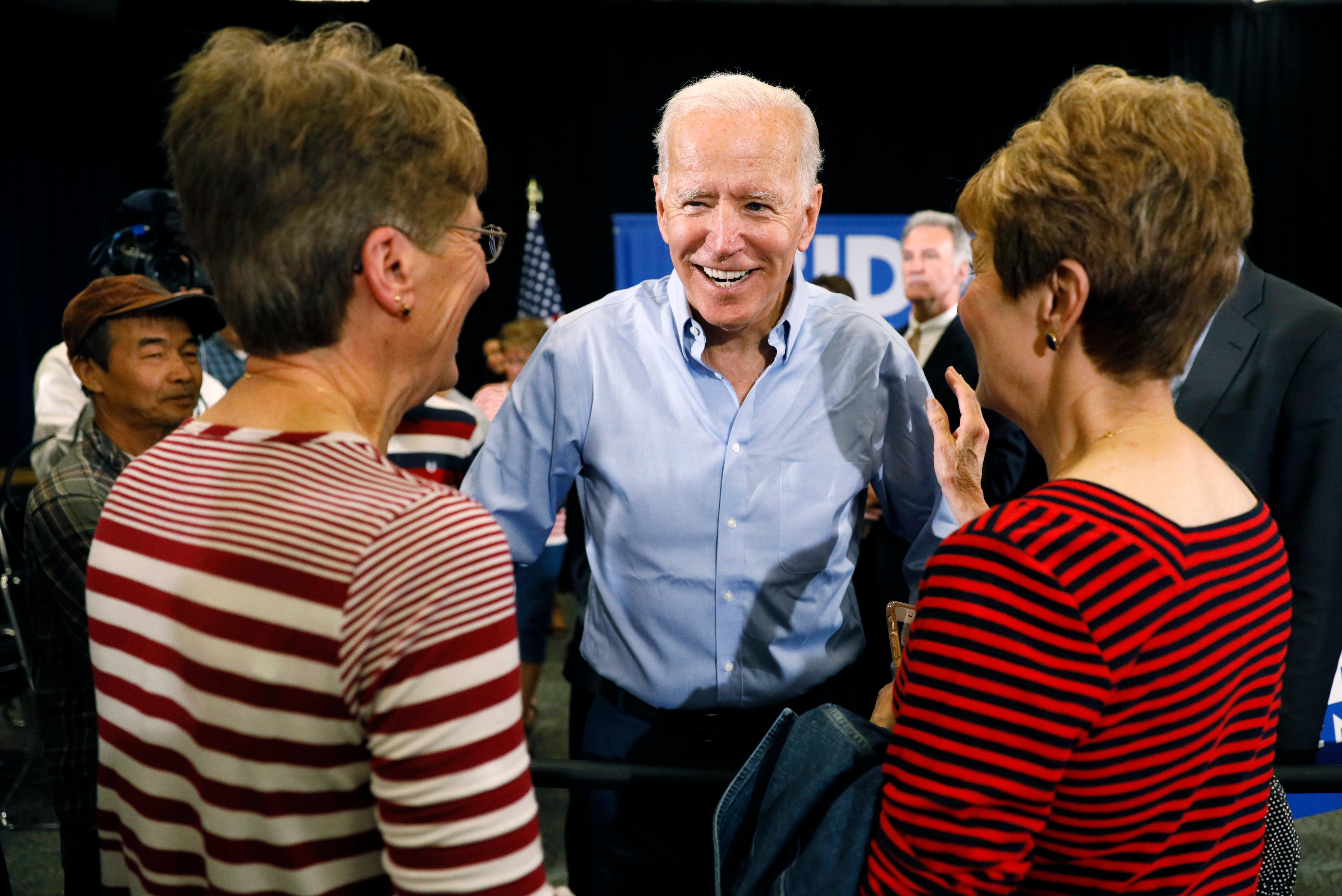 Democratic presidential candidate former Vice President Joe Biden greets audience members after speaking at Clinton Community College, June 12, 2019, in Clinton, Iowa.