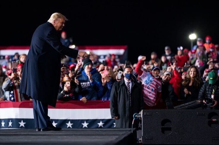 President Donald Trump points at the crowd after a campaign rally at Erie International Airport, Tom Ridge Field, Tuesday, Oct…