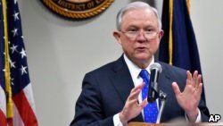 FILE - Attorney General Jeff Sessions, speaks to a gathering of law enforcement officials at the United States Attorney's offices, March 15, 2018, in Lexington, Kentucky