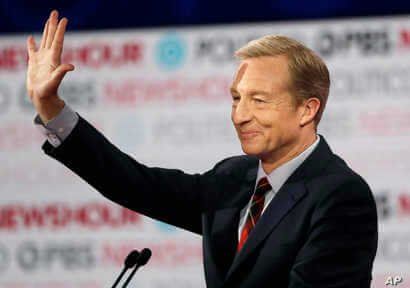 FILE - In this Dec. 19, 2019, file photo, Democratic presidential candidate businessman Tom Steyer waves before a Democratic…