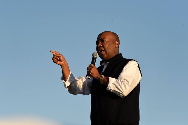 Democratic U.S. Senate candidate Jaime Harrison speaks at a campaign rally on Saturday, Oct. 17, 2020, in North Charleston, S.C…