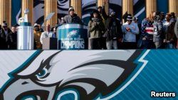 FILE - Philadelphia Eagles quarterback Nick Foles speaks to fans attending Super Bowl LII celebration at Philadelphia Art Museum, Feb 8, 2018. ( Noah K. Murray-USA TODAY Sports) 