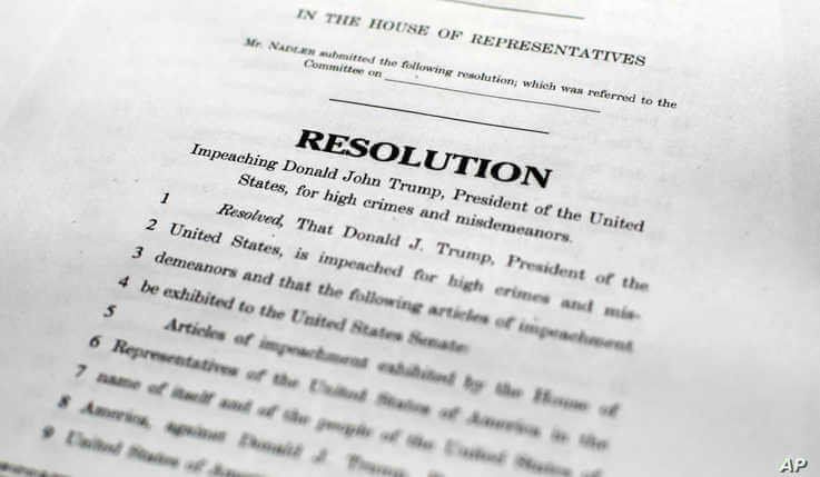 Copy of the Articles of Impeachment, Tuesday, Dec. 10, 2019 in Washington. House Democrats announced they are pushing ahead…