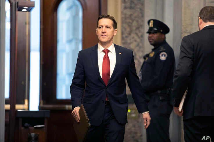 Sen. Ben Sasse, R-Neb., arrives on Capitol Hill in Washington, Friday, Jan. 31, 2020, for the impeachment trial of President…