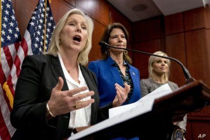 Sen. Kirsten Gillibrand, D-N.Y., speaks at a news conference on Capitol Hill, Dec. 6, 2017. Gillibrand and fellow female Democratic senators have united in calling for Sen. Al Franken to resign amid sexual misconduct allegations. Also pictured are Re...