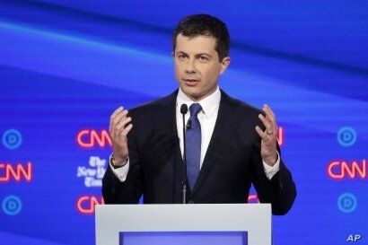 In this Oct. 15, 2019, photo, Democratic presidential candidate South Bend Mayor Pete Buttigieg speaks during a Democratic…