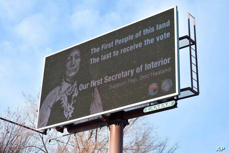 This Feb. 21, 2021, photo shows a billboard in Billings, Montana, displays support for New Mexico U.S. Rep. Deb Haaland, who…