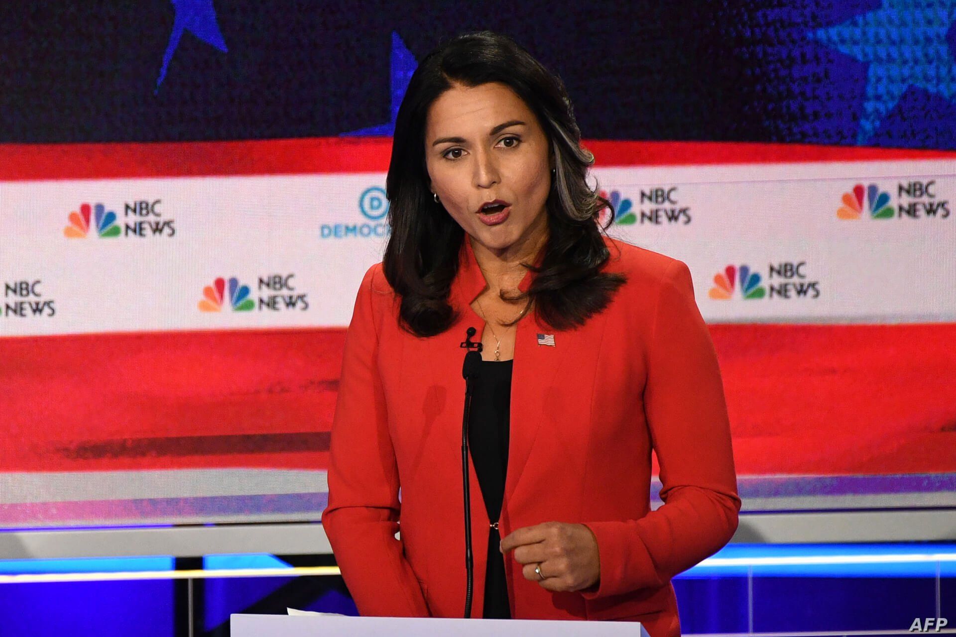 Democratic presidential hopeful U.S. Representative from Hawaii Tulsi Gabbard speaks during the first Democratic primary debate of the 2020 presidential campaign  at the Adrienne Arsht Center for the Performing Arts in Miami, June 26, 2019. 