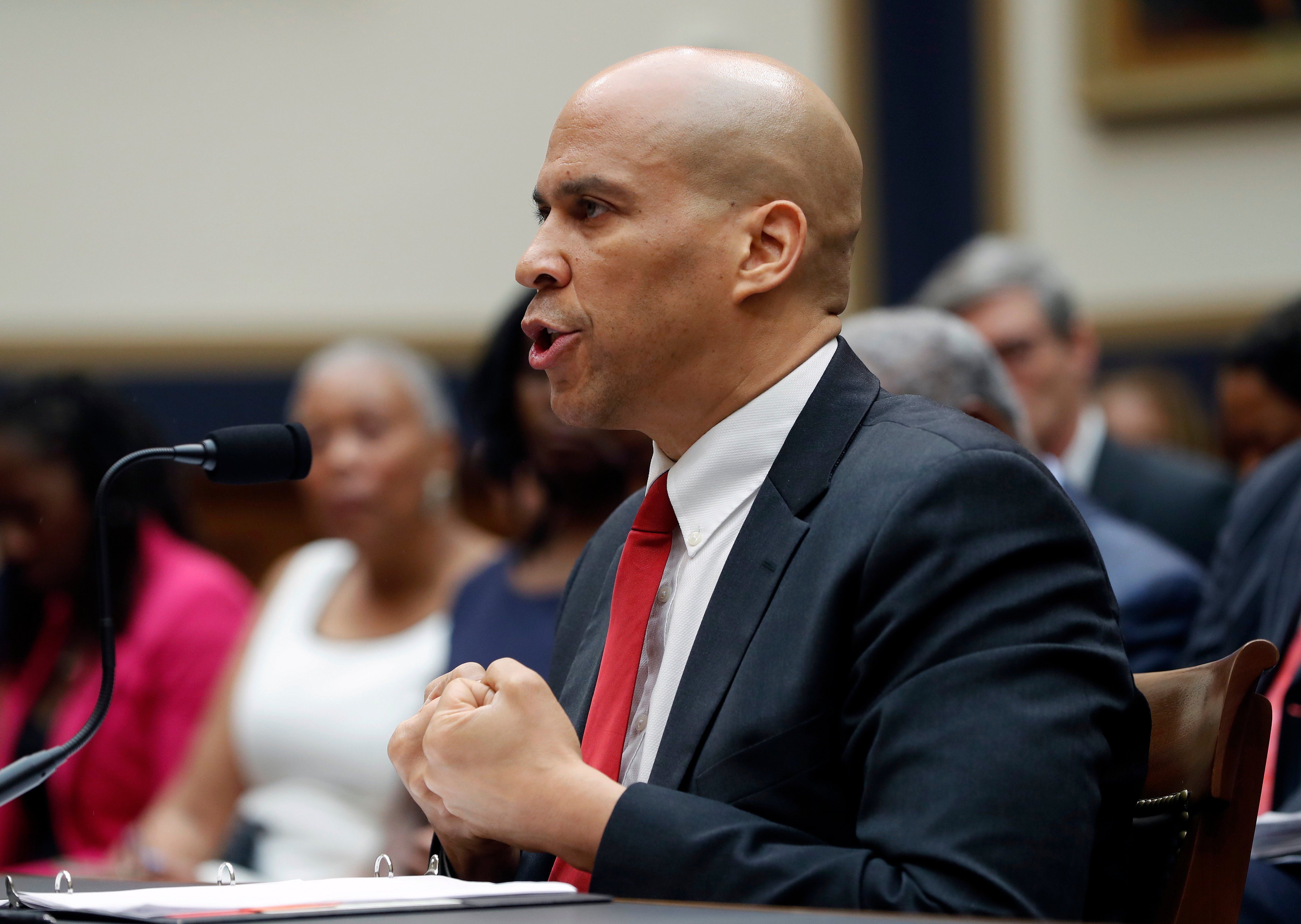 Democratic Presidential candidate Sen. Cory Booker, D-N.J., testifies about reparation for the descendants of slaves during a hearing before the House Judiciary Subcommittee on the Constitution, Civil Rights and Civil Liberties, at the Capitol in…