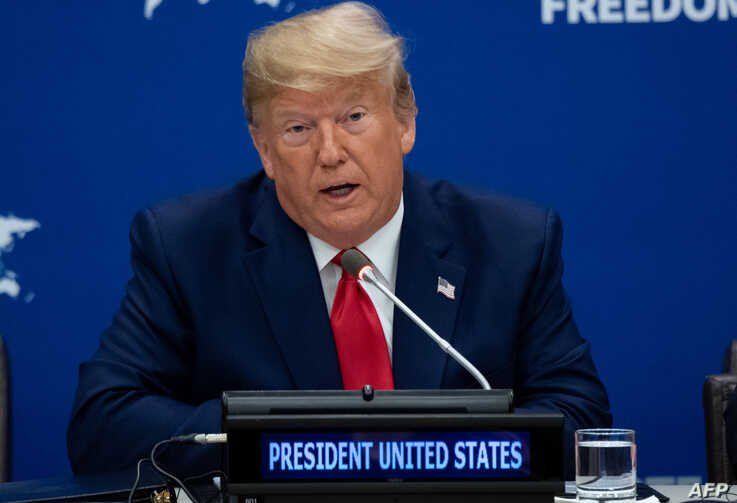 FILE - US President Donald Trump attends a United Nations event on Religious Freedom at UN Headquarters in New York, Sept. 23, 2019, on the sidelines of the UN General Assembly. 