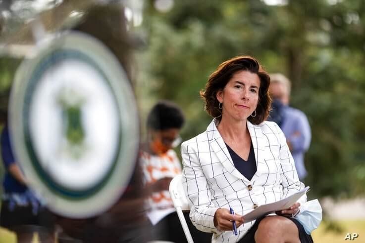 FILE - In this June 22 2020 file photo Rhode Island Gov. Gina Raimondo sits during a news conference in Providence, R.I., …