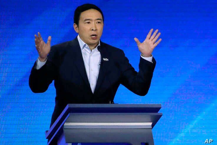 Democratic presidential candidate entrepreneur Andrew Yang speaks during a Democratic presidential primary debate, Friday, Feb…