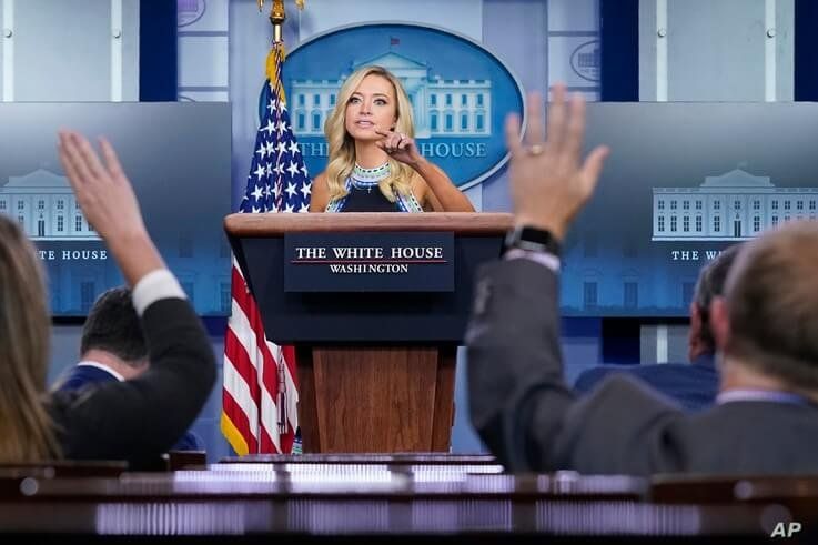 White House press secretary Kayleigh McEnany speaks during a news conference at the White House, Thursday, Sept. 24, 2020, in…