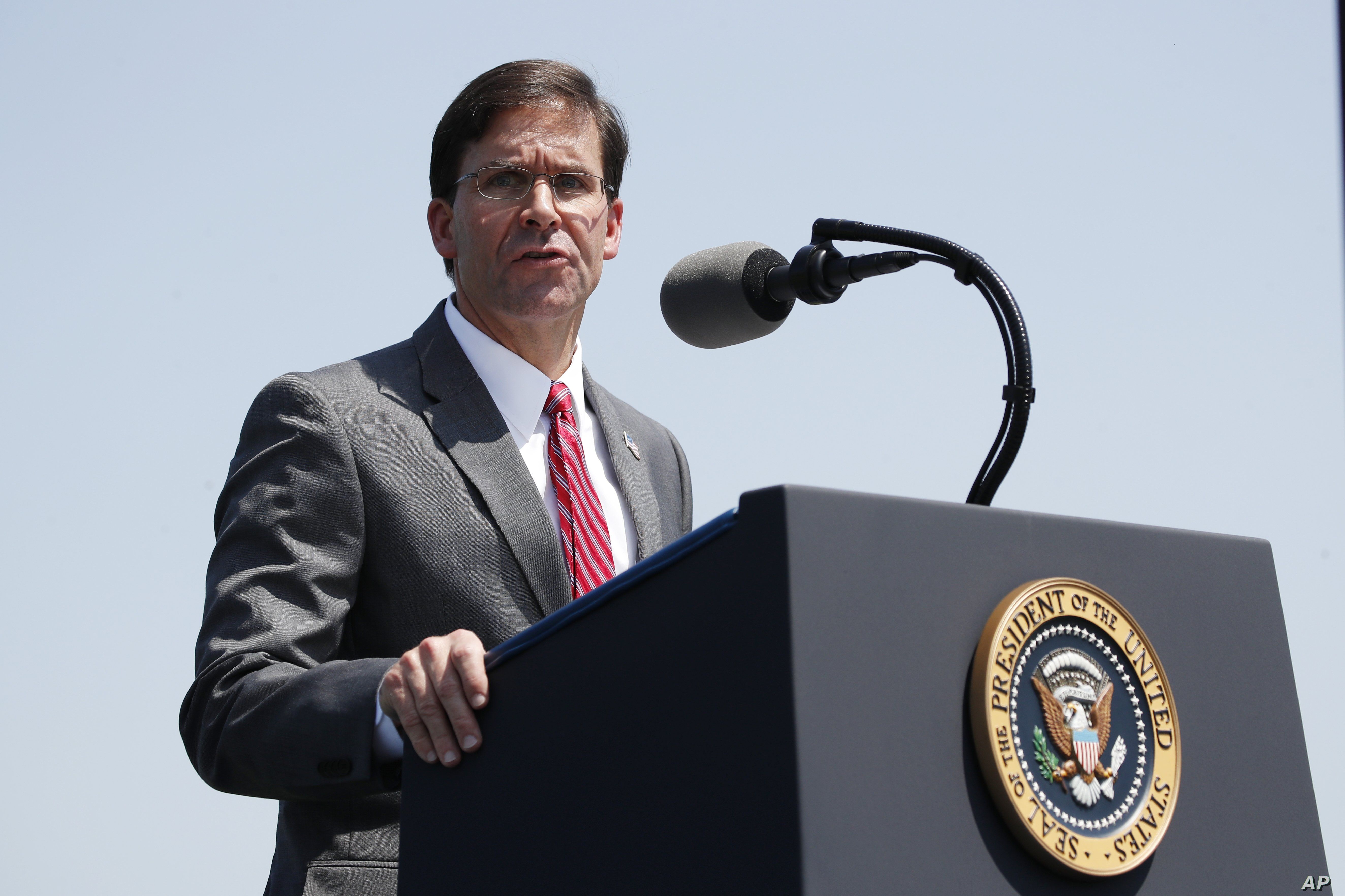 Secretary of Defense Mark Esper speaks during a full honors welcoming ceremony for him at the Pentagon, July 25, 2019.