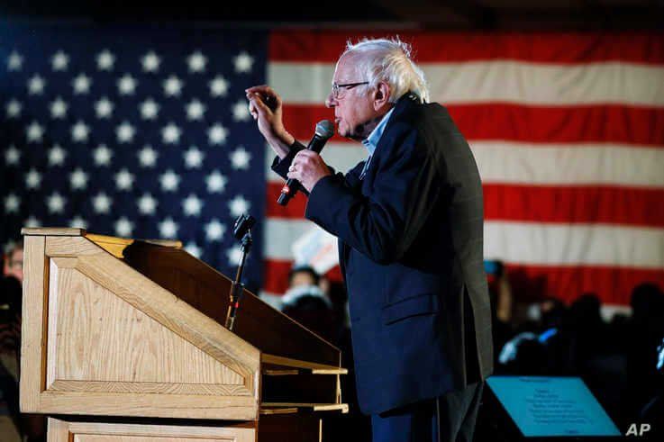 Democratic presidential candidate Sen. Bernie Sanders, I-Vt., speaks during his Bernie's Big New Year's Bash, Tuesday, Dec. 31,…