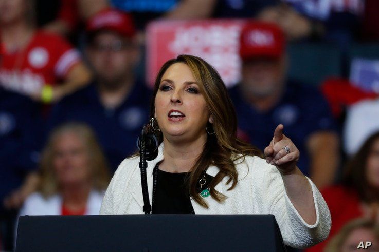 Republican National Committee Chairwoman Ronna McDaniel speaks at a rally for President Donald Trump in Grand Rapids, Mich.,…