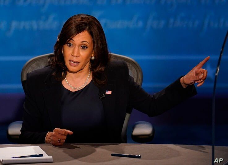 Democratic vice presidential candidate Sen. Kamala Harris, D-Calif., responds to Vice President Mike Pence during the vice…