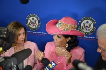 Congresswoman Frederica Wilson and House Speaker Nancy Pelosi talk to reporters after the round table discussion on Haiti in Miami, Fla, Oct. 3, 2019. (Photo: @RepWilson Twitter)
