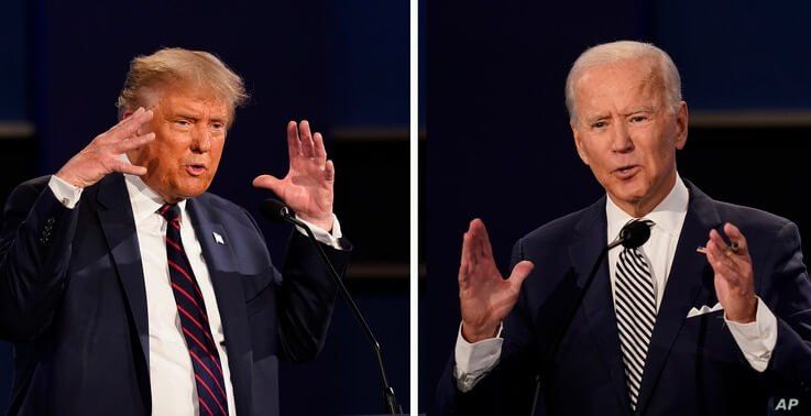 FILE - This combination of Sept. 29, 2020, file photos show President Donald Trump, left, and former Vice President Joe Biden during the first presidential debate at Case Western University and Cleveland Clinic, in Cleveland, Ohio. 