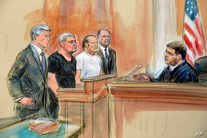 This courtroom sketch depicts from left, attorney Kevin Downing, Lev Parnas, Igor Fruman, attorney Thomas Zehnle and U.S. Judge…