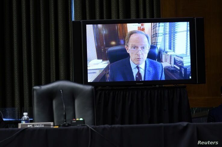 Sen. Pat Toomey, R-Pa., speaks via video conference during a Senate Banking Committee hearing on 