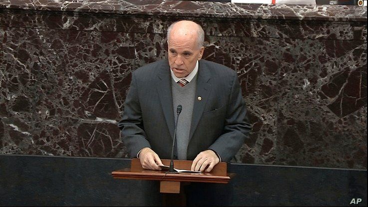 In this image from video, Senate Sergeant at Arms Michael Stenger reads the proclamation during the impeachment trial against…